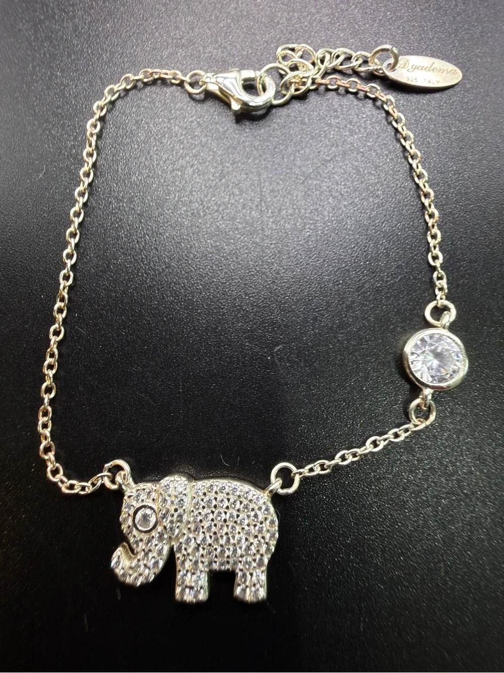 DYADEMA 925 STERLING SILVER ELEPHANT CHARM BRACELET PAVE CUBIC ZIRCONIA